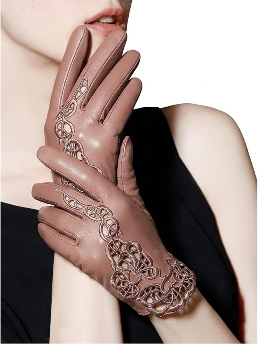Women's Camel Unlined Touchscreen Genuine Leather Floral Sheepskin Gloves